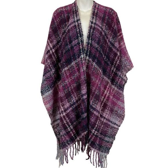 Woolrich Sweaters - Woolrich Womens Purple Plaid Poncho Kimono Wrap Sweater Tweed Fringe One Size